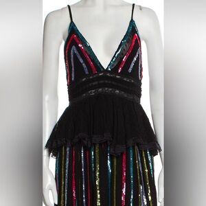 NWT RARE Rococo Sand Rainbow Sequin Striped Lace ruffle tiered Maxi Dress
